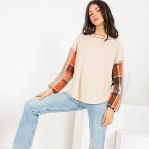 THML Cream Plaid Sleeve Top Size Small